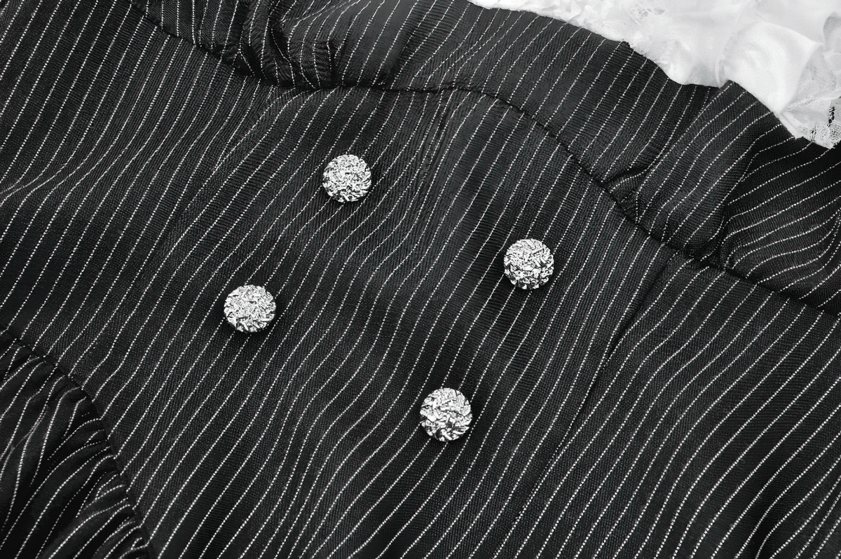 Pinstripe Gothic Dress with Lace Ruffle and Bow Details
