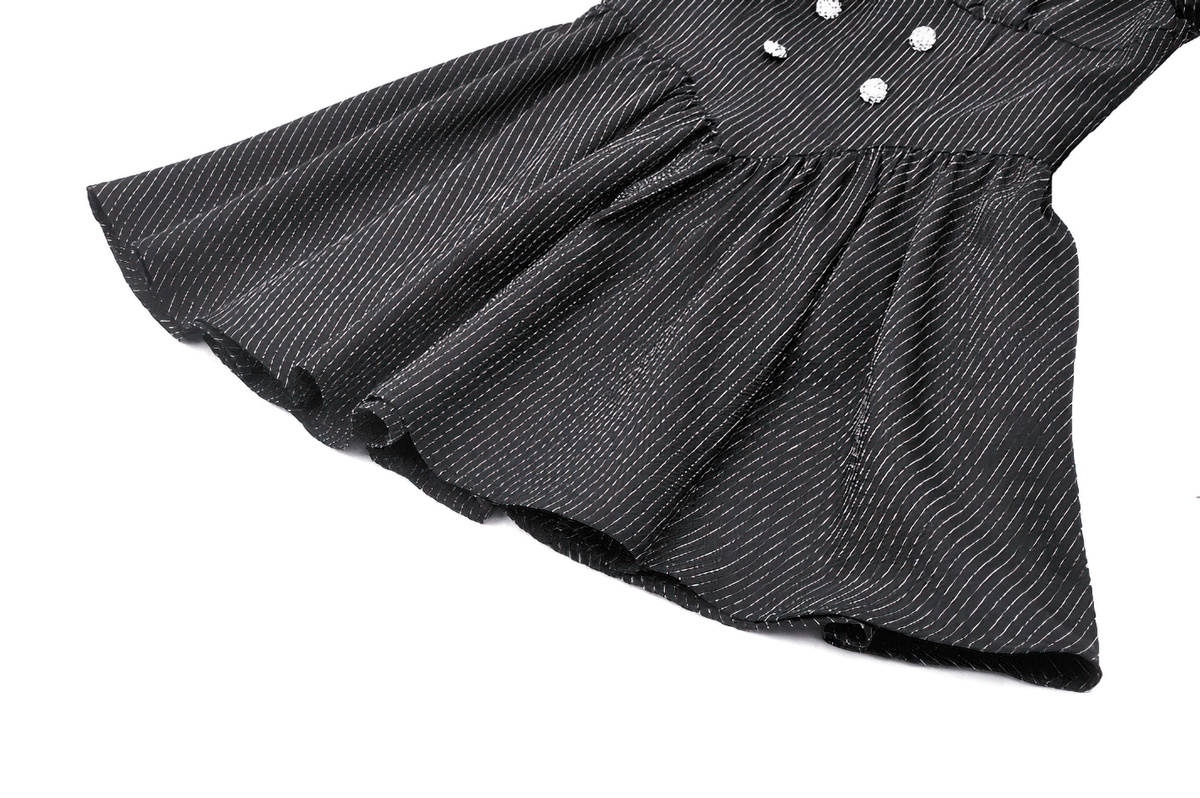 Pinstripe Gothic Dress with Lace Ruffle and Bow Details