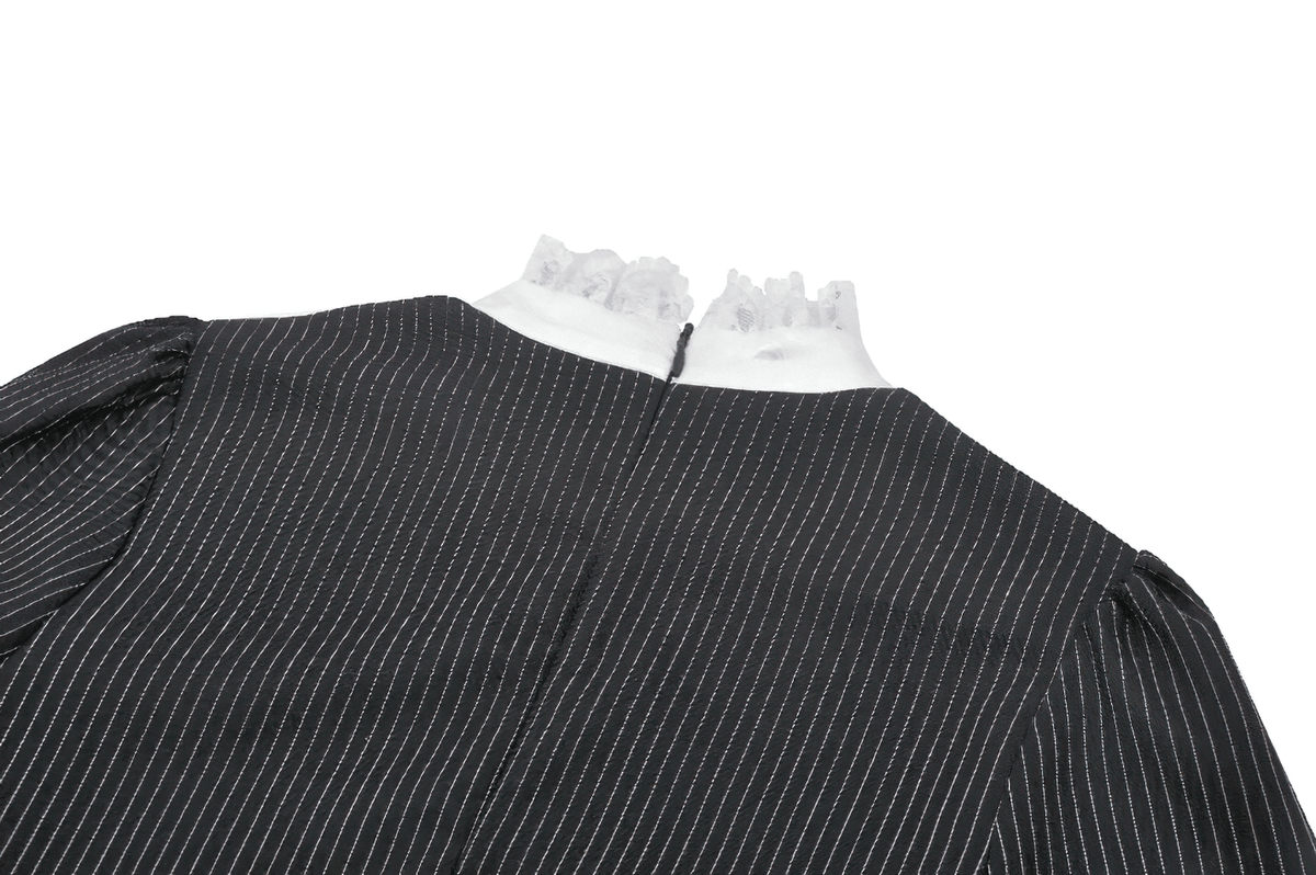 Pinstripe Gothic Dress with Lace Ruffle and Bow Details