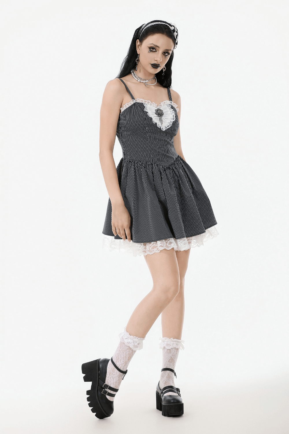 Pinstripe Gothic Dress with Lace Trim and Corset Back