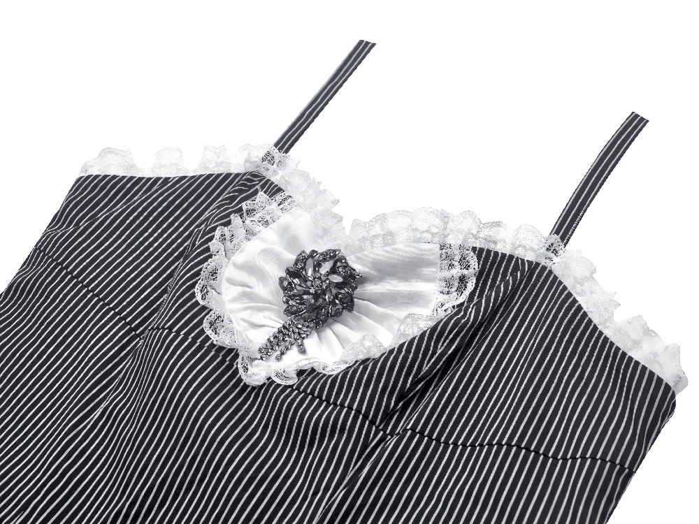 Pinstripe Gothic Dress with Lace Trim and Corset Back