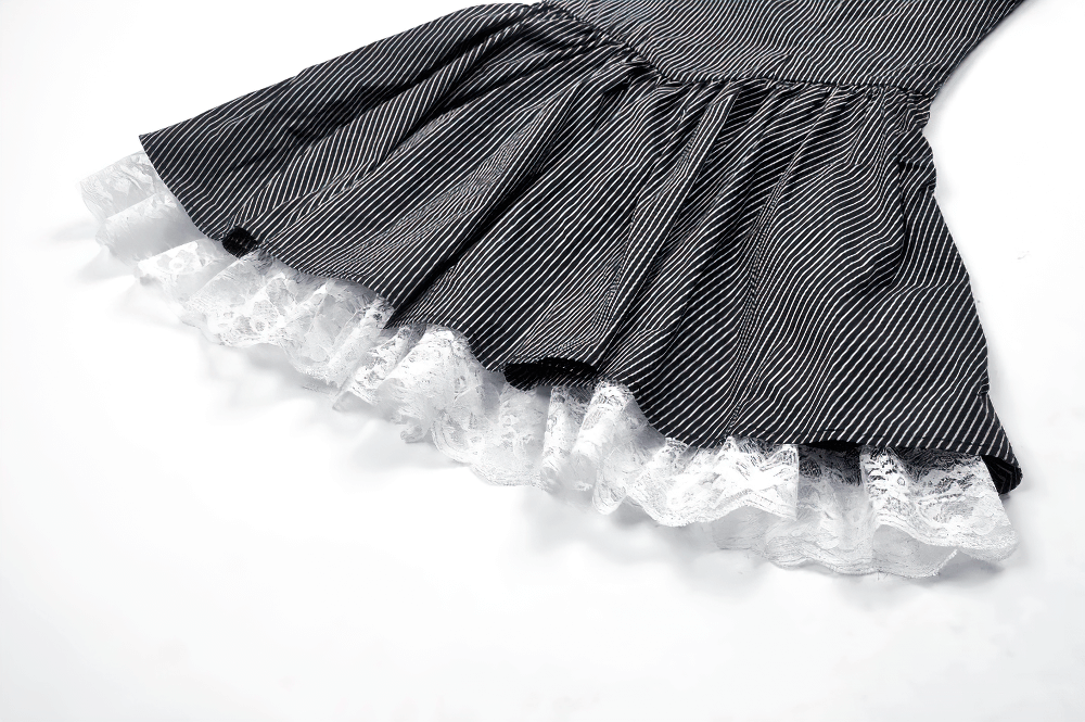Pinstripe Gothic Dress with Lace Trim and Corset Back