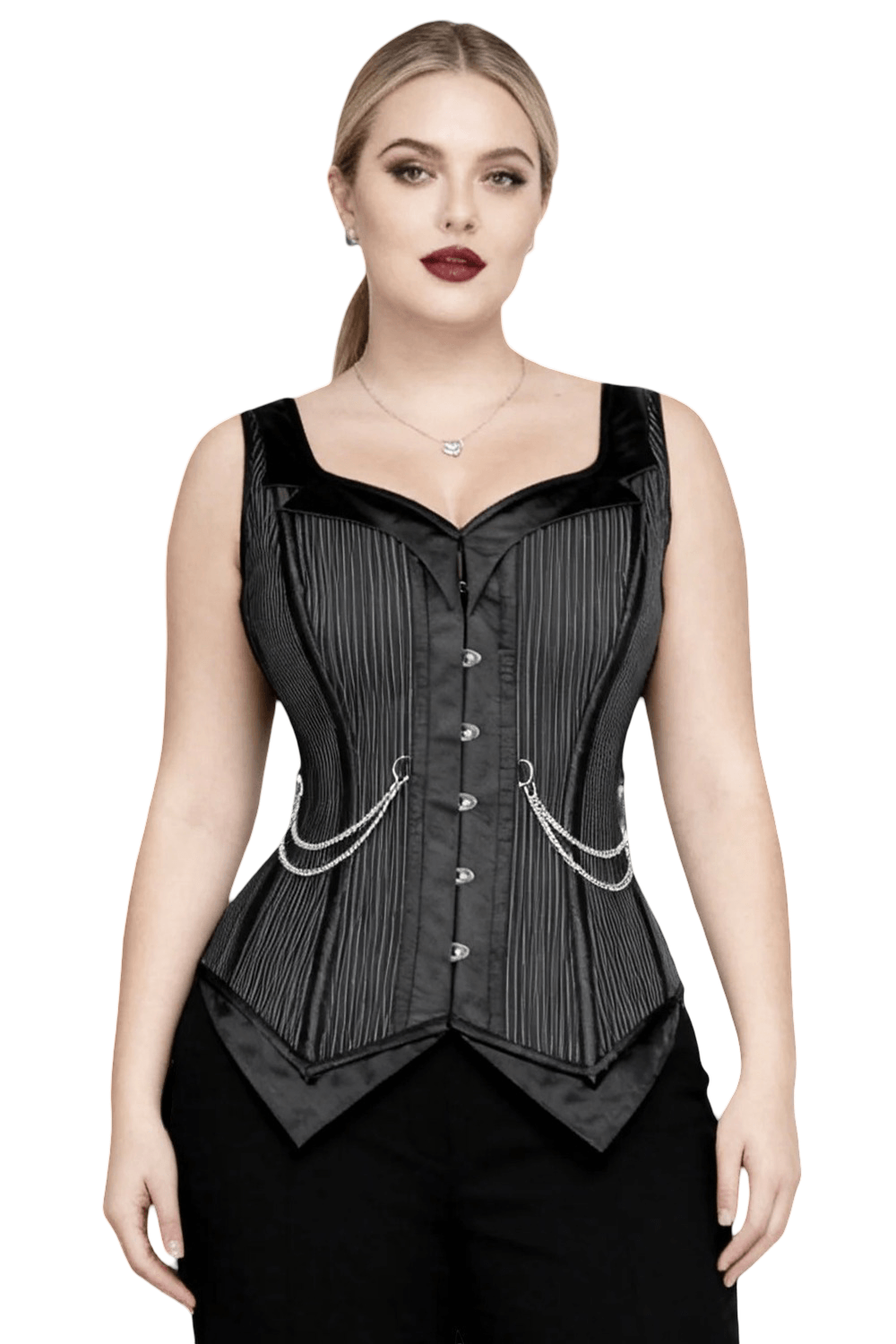 Pinstripe Gothic Overbust Corset with Chain Accents