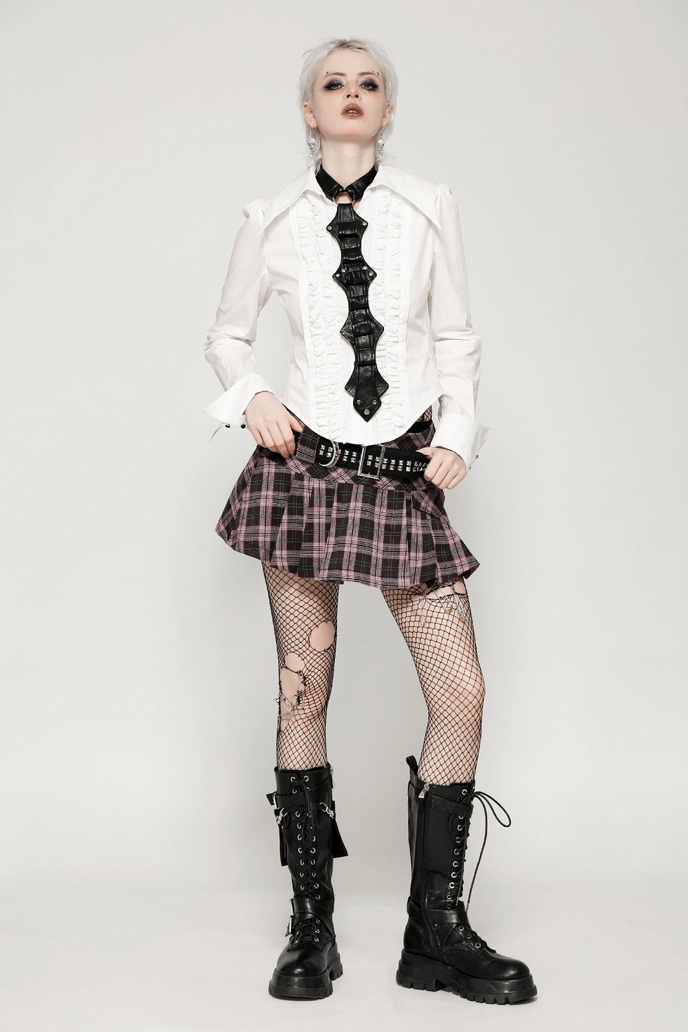 Plaid Mini Skirt with Studded Belt and Pleated Design