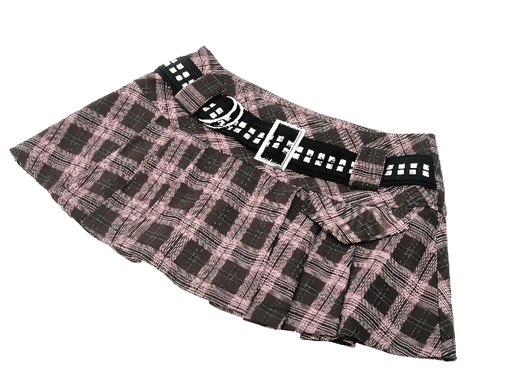 Plaid Mini Skirt with Studded Belt and Pleated Design