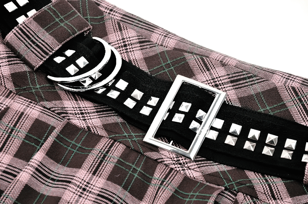 Plaid Mini Skirt with Studded Belt and Pleated Design