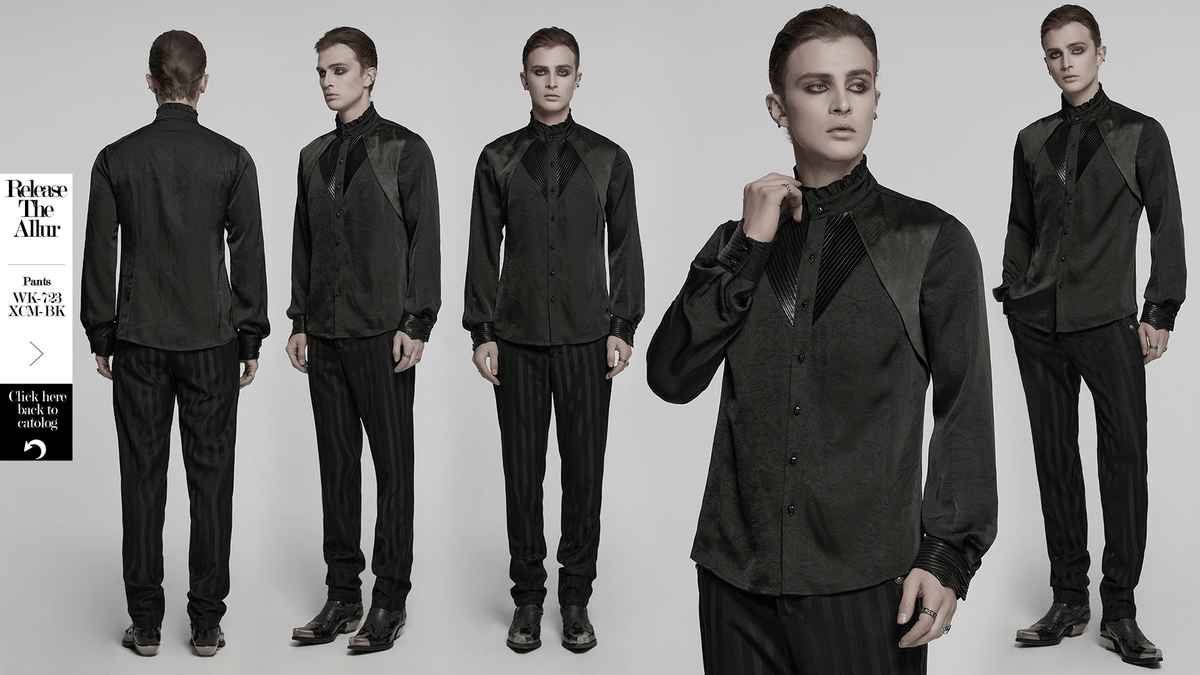 Pleated Gothic Button-Up Shirt with Glossy Accents