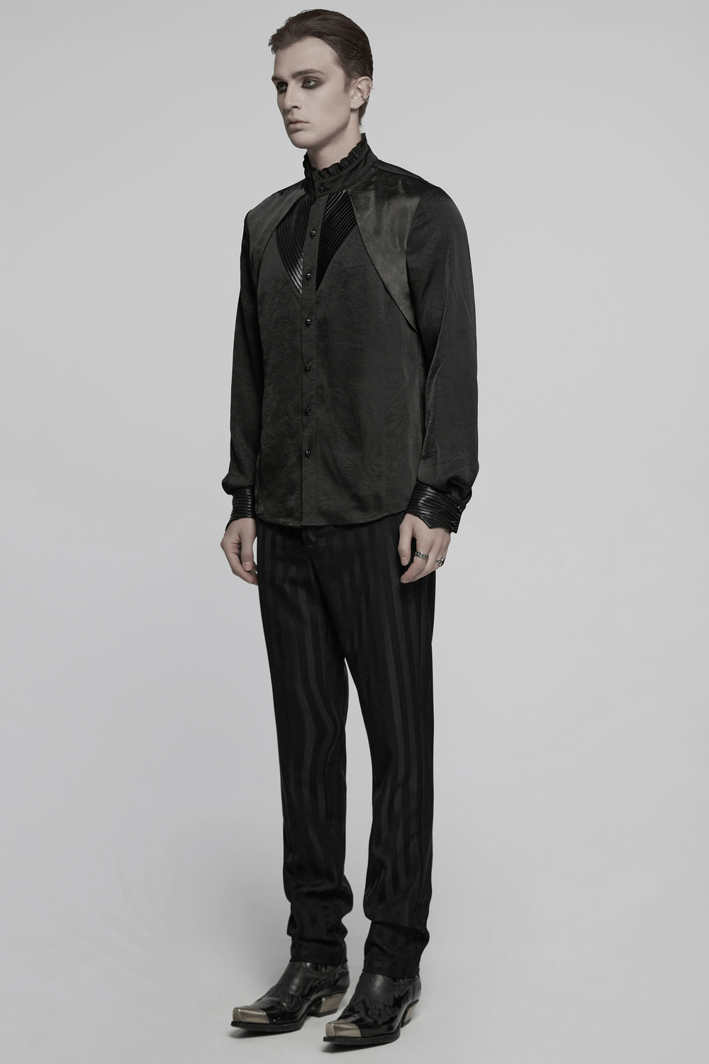 Pleated Gothic Button-Up Shirt with Glossy Accents