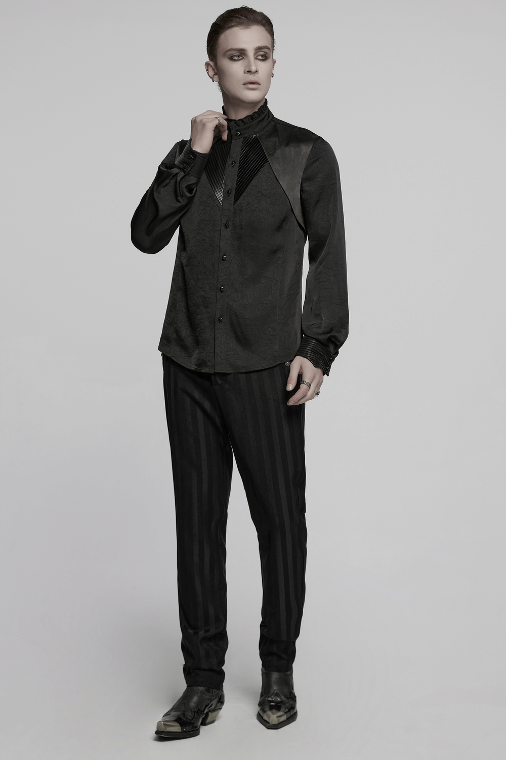 Pleated Gothic Button-Up Shirt with Glossy Accents