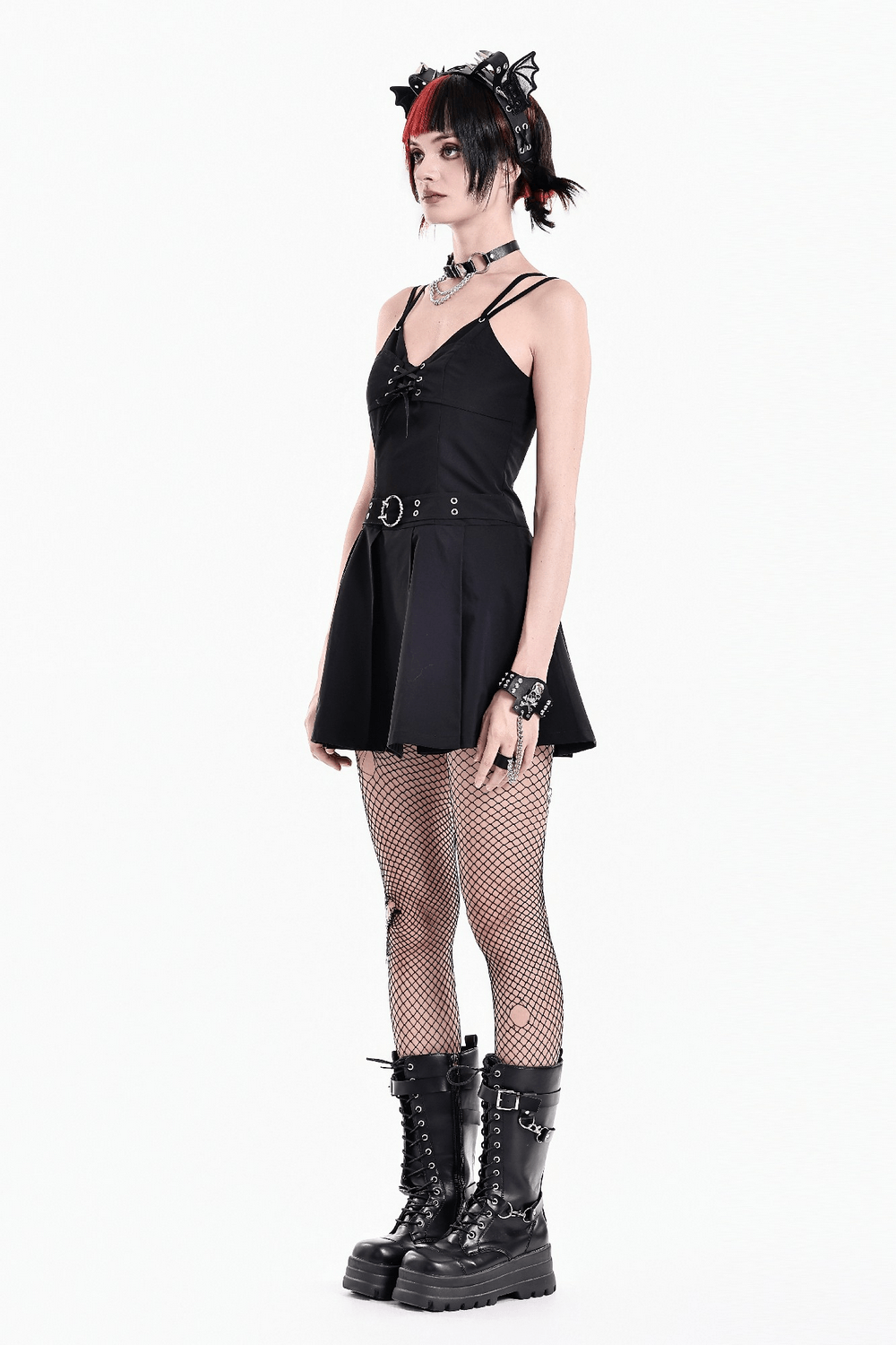 Pleated Mini Dress with Corset Lace-Up Back Detail