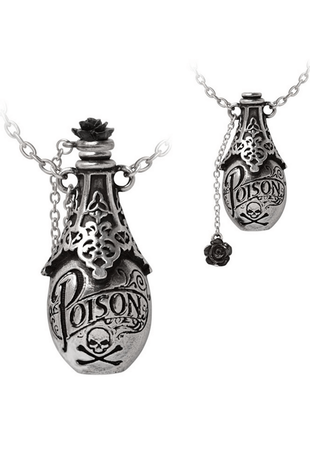 Poison Bottle Pendant with Skull and Black Rose Detail