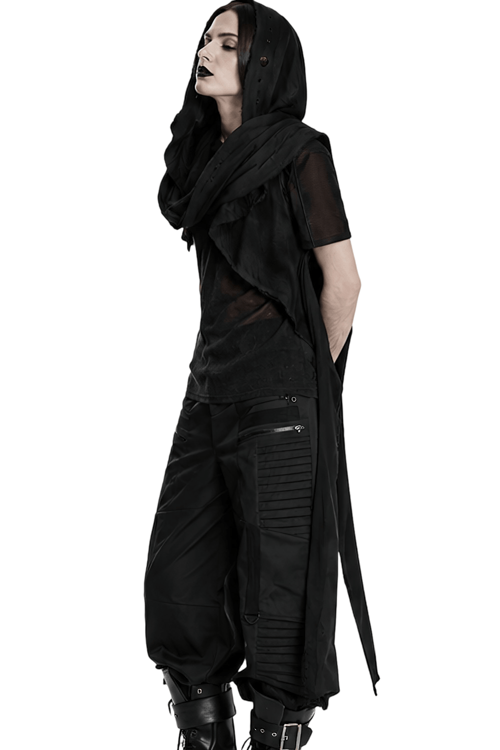 Post-Apocalyptic Black Hooded Cape Shawl Vest
