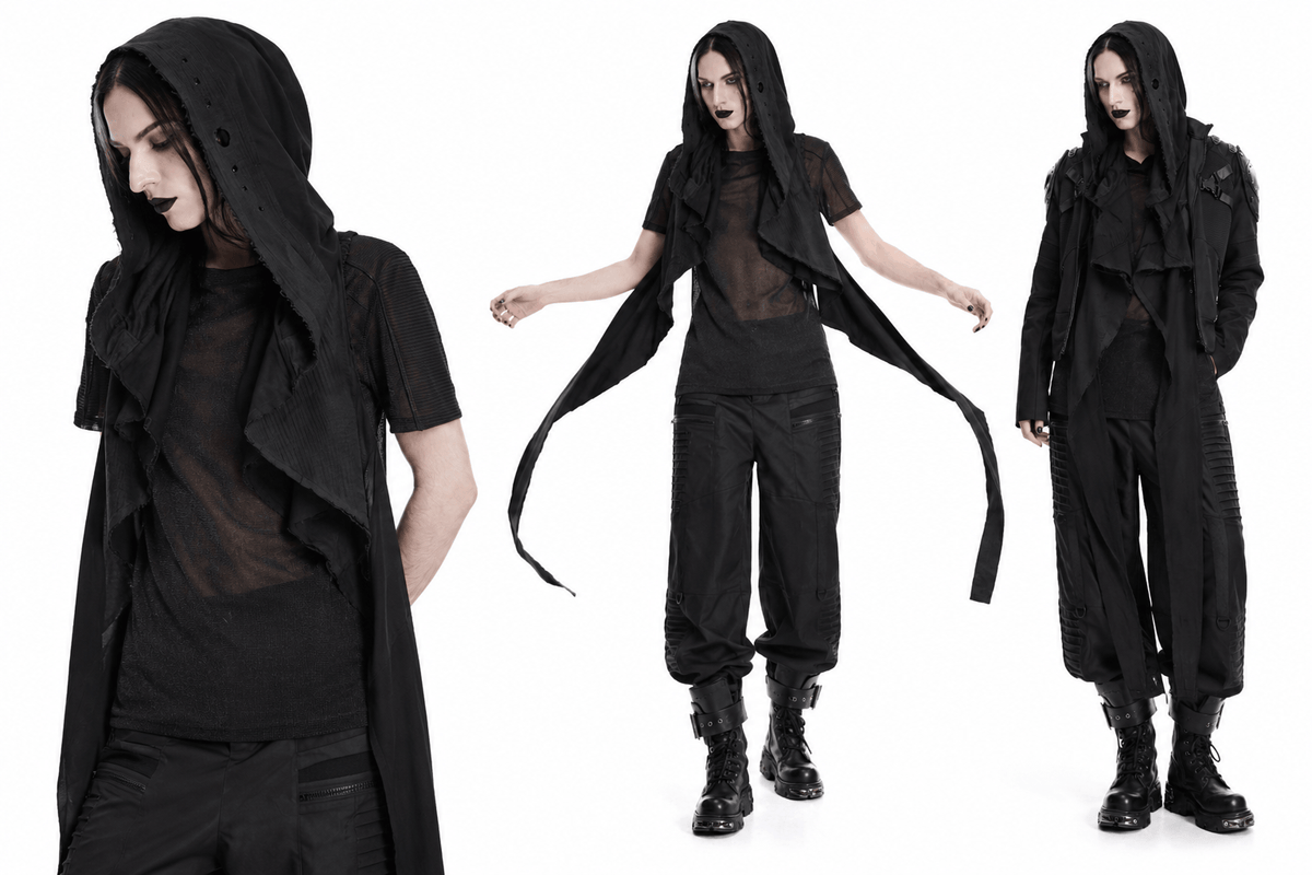Post-Apocalyptic Black Hooded Cape Shawl Vest