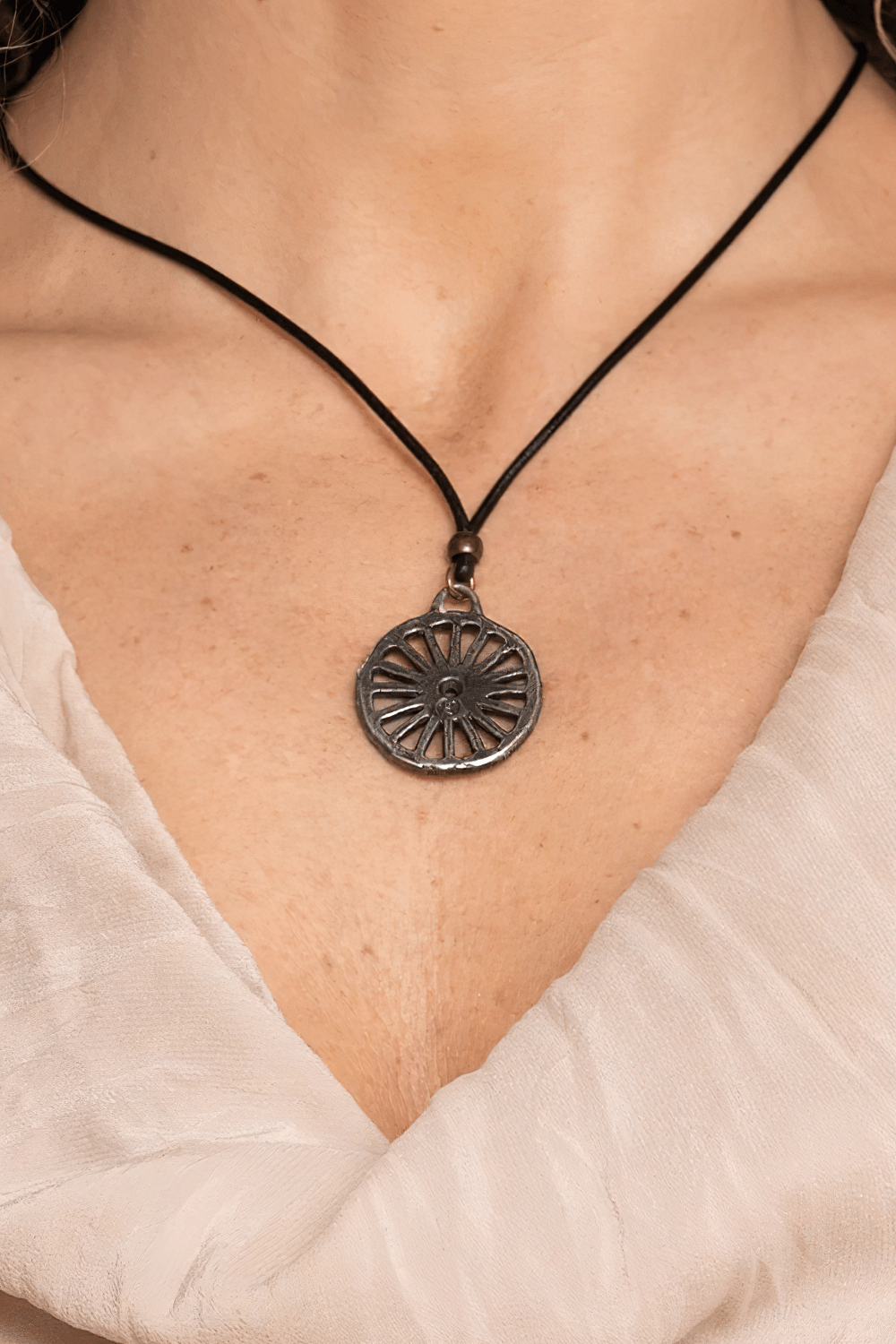 Primitive Pagan Wheel Symbol Pewter Pendant Necklace