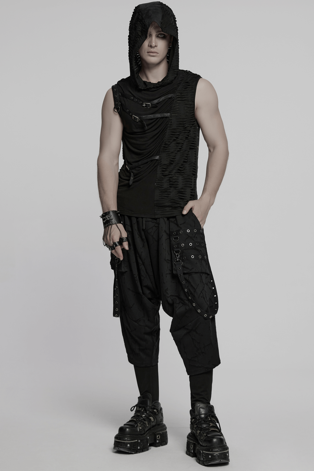 Punk Asymmetrical Splicing Hooded Top with Rivets