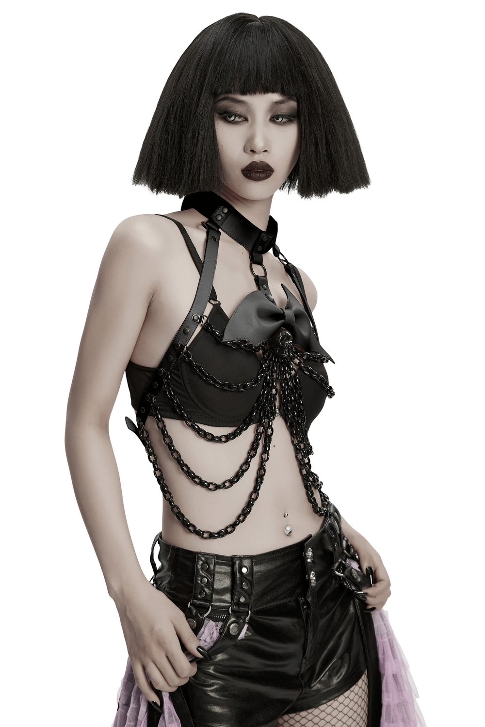 Punk Bat Skull Chain Harness with Detachable Bow