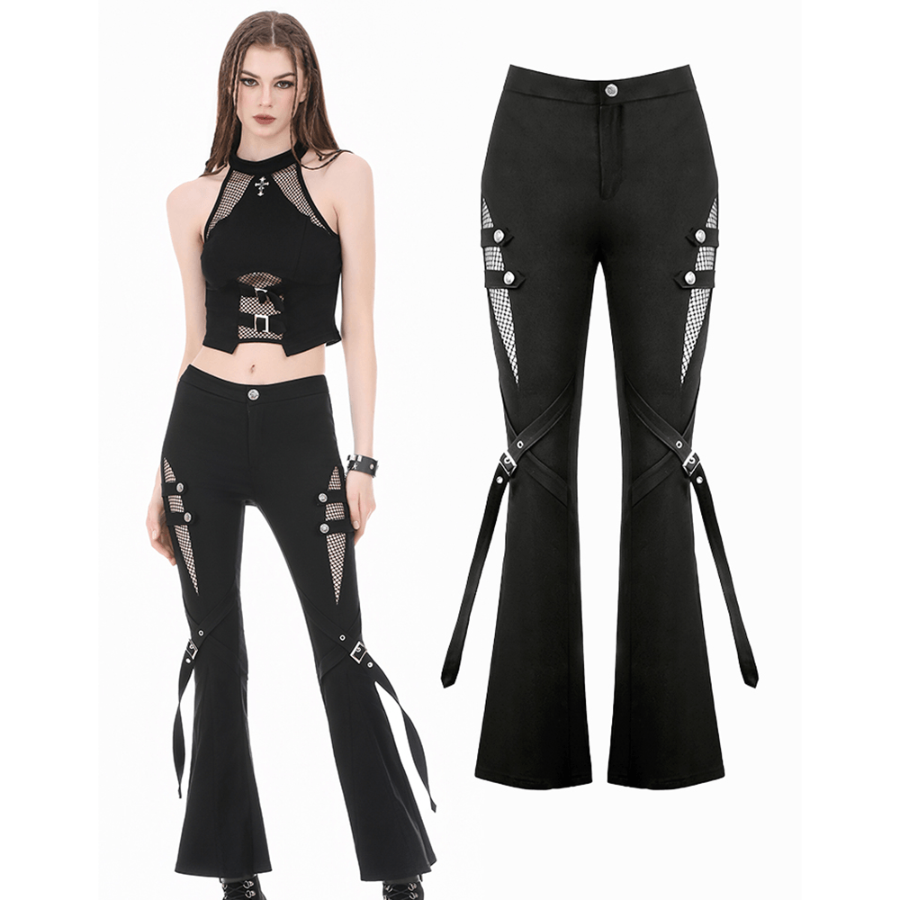 Punk Black Flared Pants with Mesh Cutout and Straps