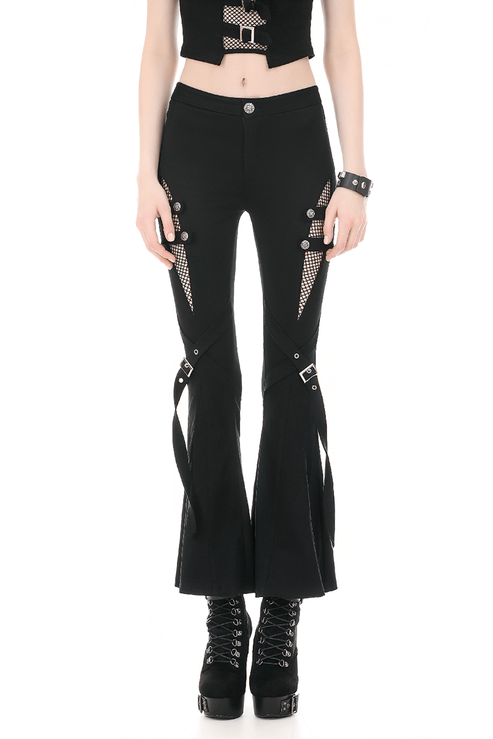 Punk Black Flared Pants with Mesh Cutout and Straps