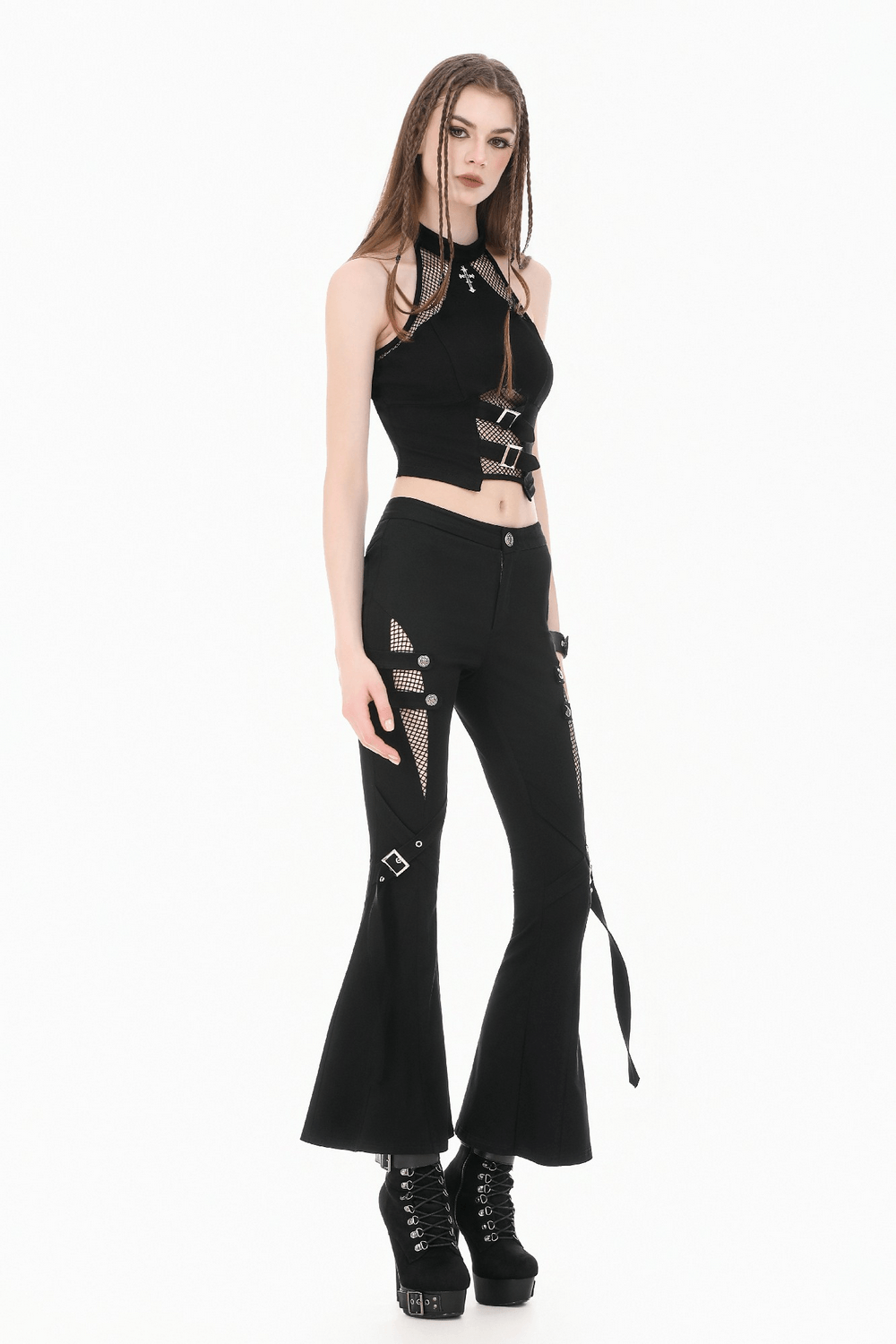 Punk Black Flared Pants with Mesh Cutout and Straps