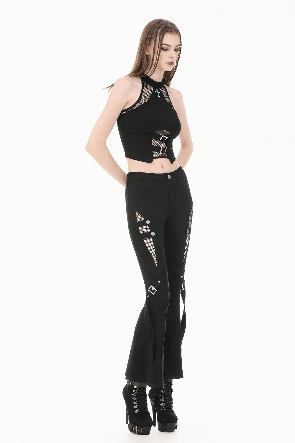 Punk Black Flared Pants with Mesh Cutout and Straps