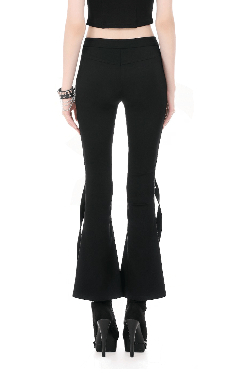 Punk Black Flared Pants with Mesh Cutout and Straps