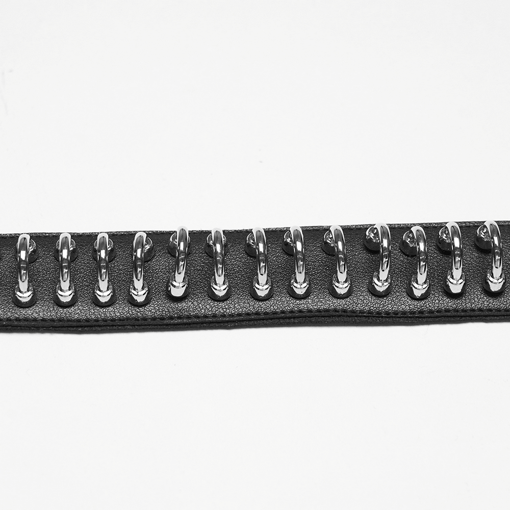 Punk Black Leather Choker with Metal Ring Details