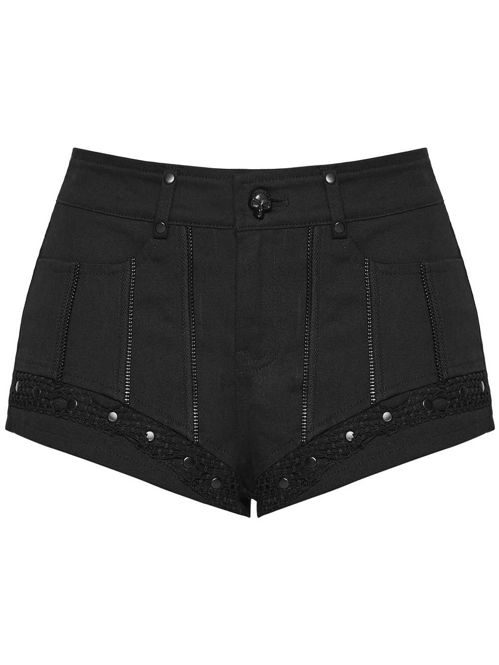 Punk Black Low Waist Shorts with Zipper and Rivet Trim