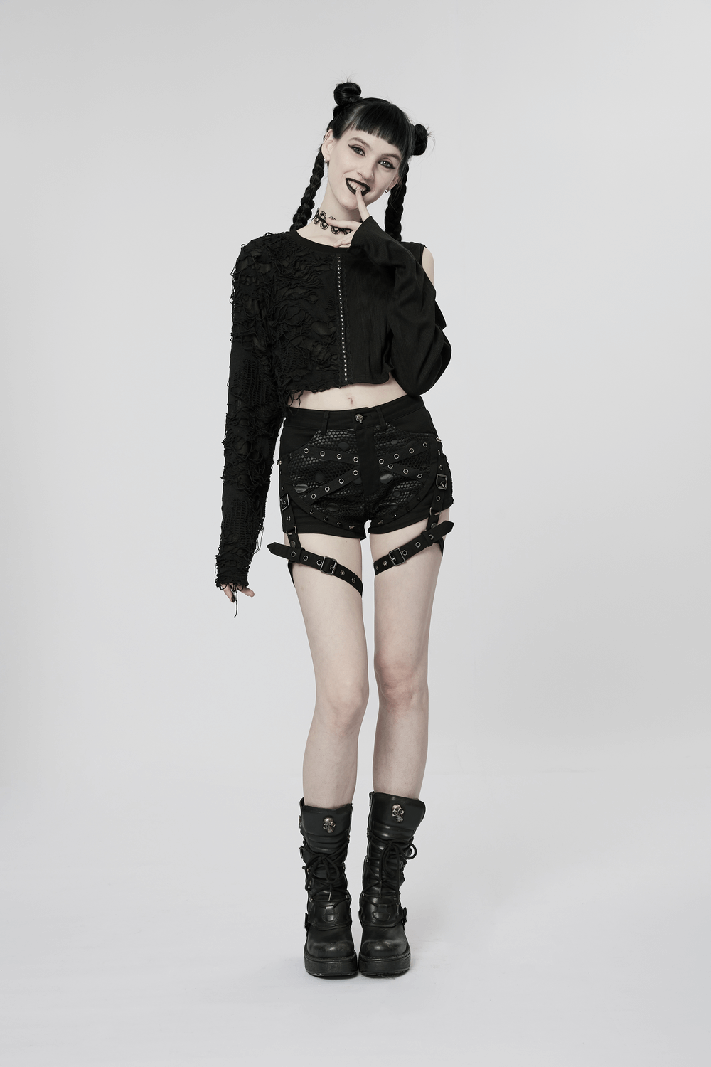 US SALE of Punk Black Mesh Garter Shorts with Buckle Straps