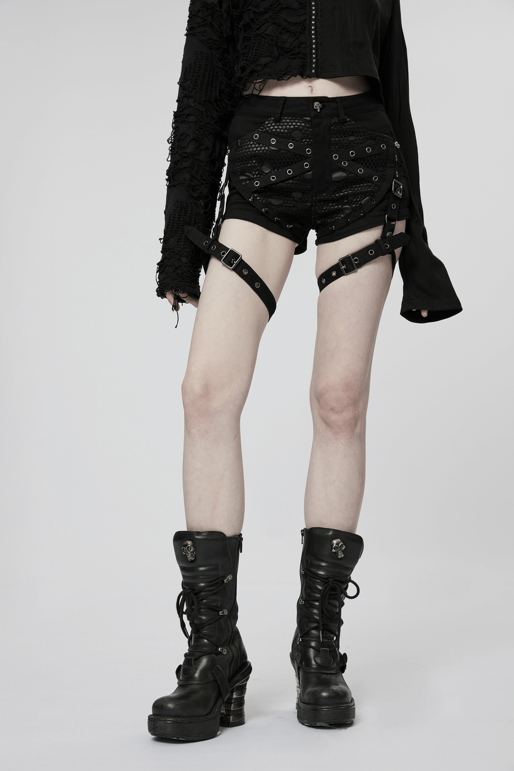 US SALE of Punk Black Mesh Garter Shorts with Buckle Straps