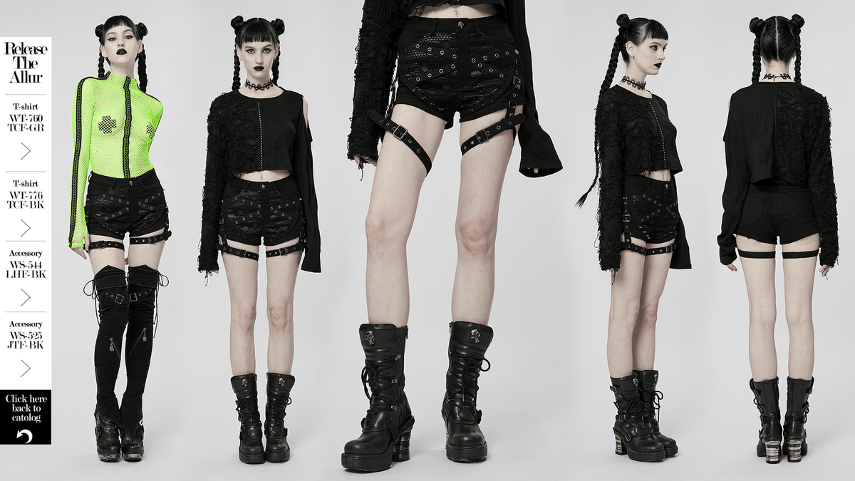 US SALE of Punk Black Mesh Garter Shorts with Buckle Straps