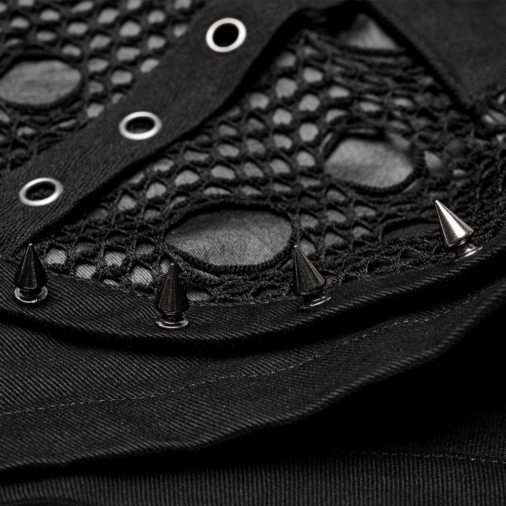 US SALE of Punk Black Mesh Garter Shorts with Buckle Straps