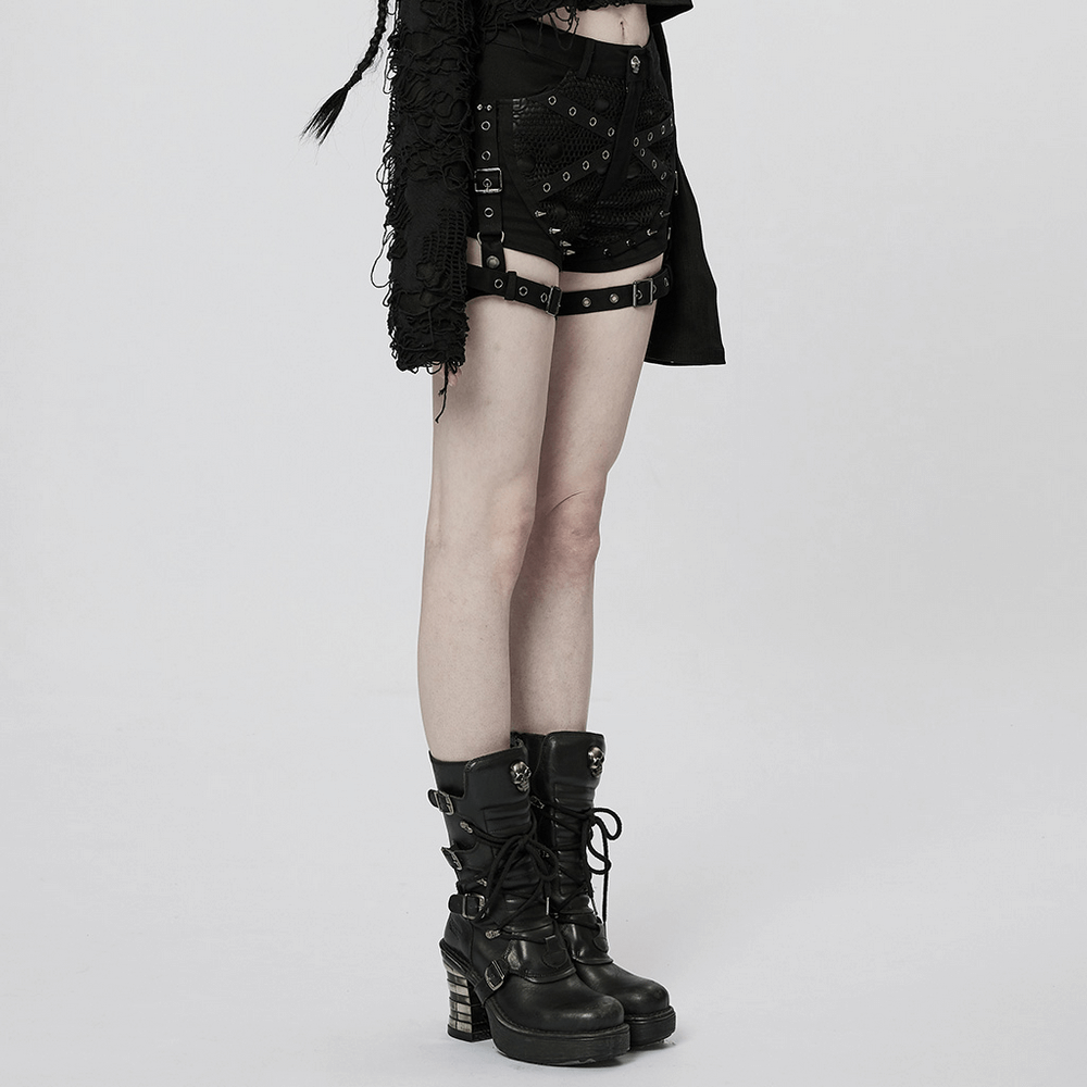 US SALE of Punk Black Mesh Garter Shorts with Buckle Straps
