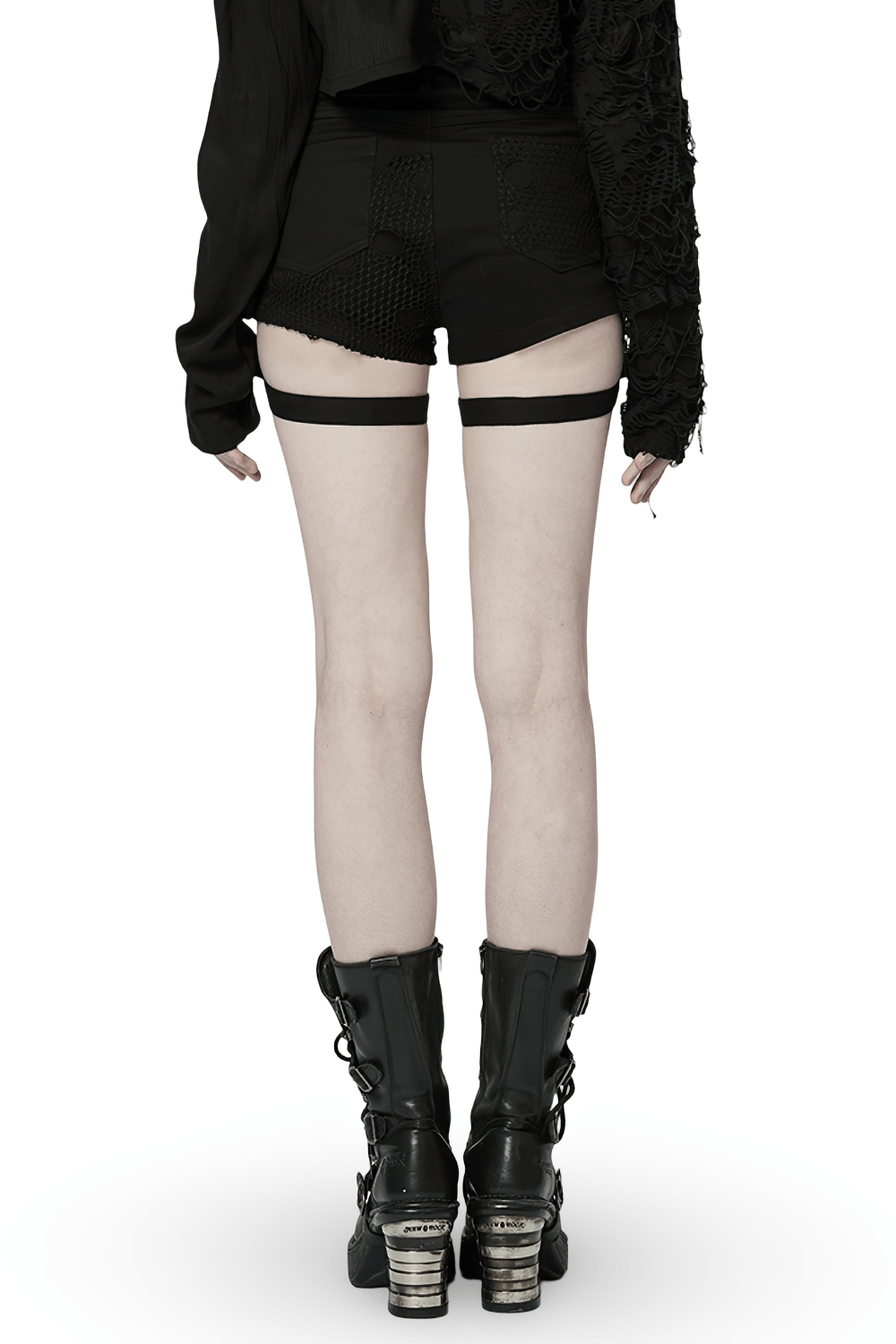 US SALE of Punk Black Mesh Garter Shorts with Buckle Straps