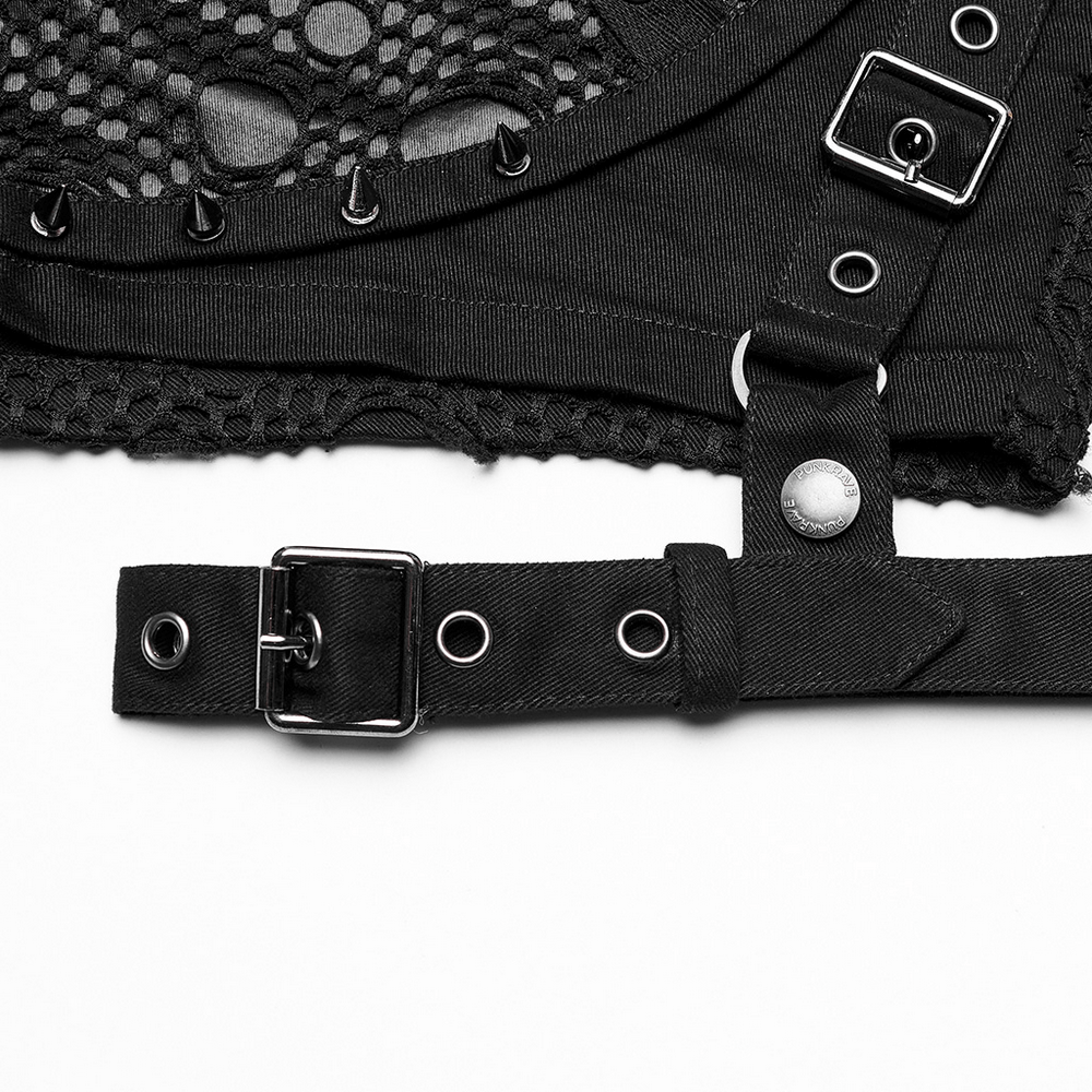 US SALE of Punk Black Mesh Garter Shorts with Buckle Straps