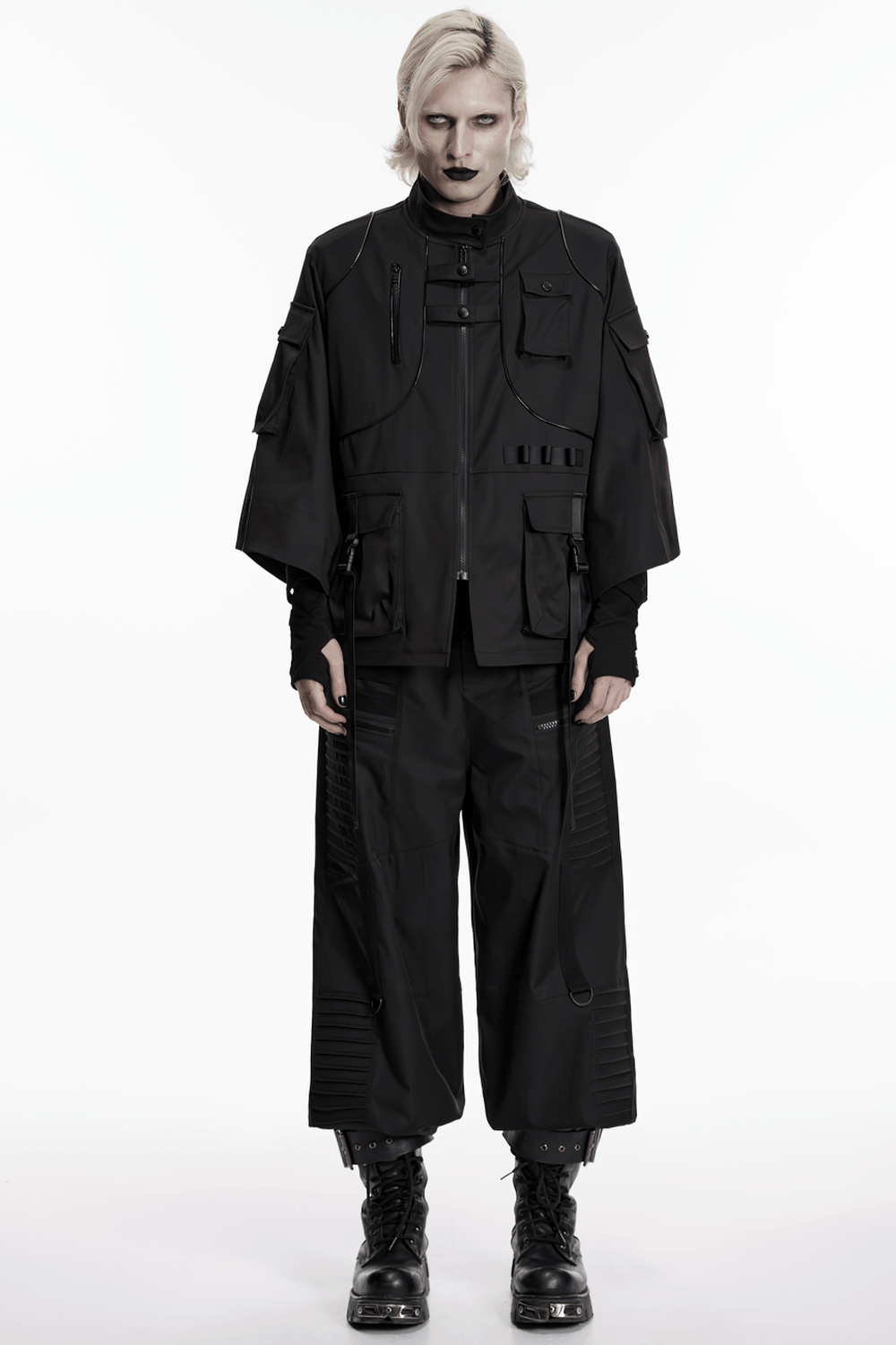 Punk Black Techwear Utility Jacket with Straps