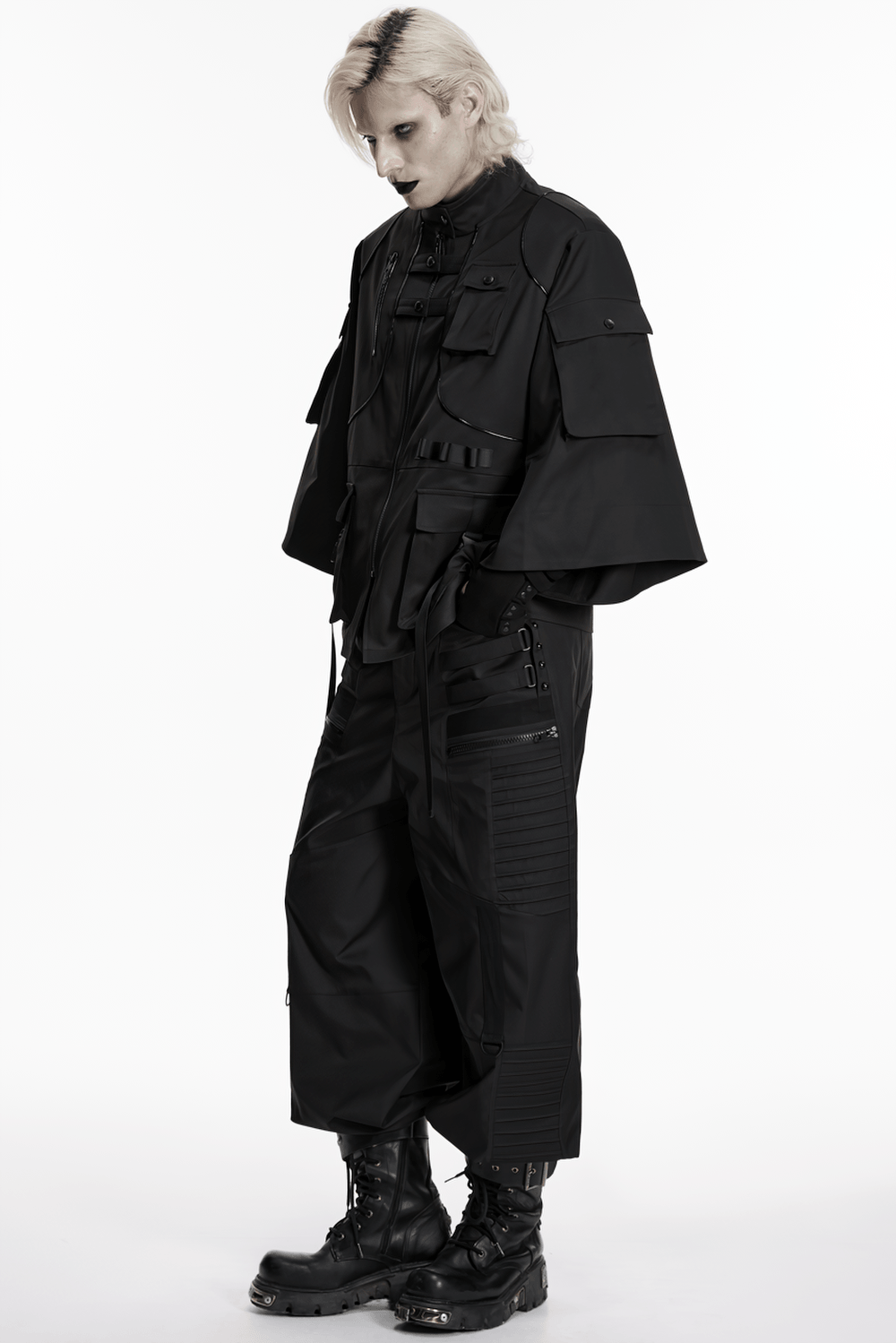 Punk Black Techwear Utility Jacket with Straps