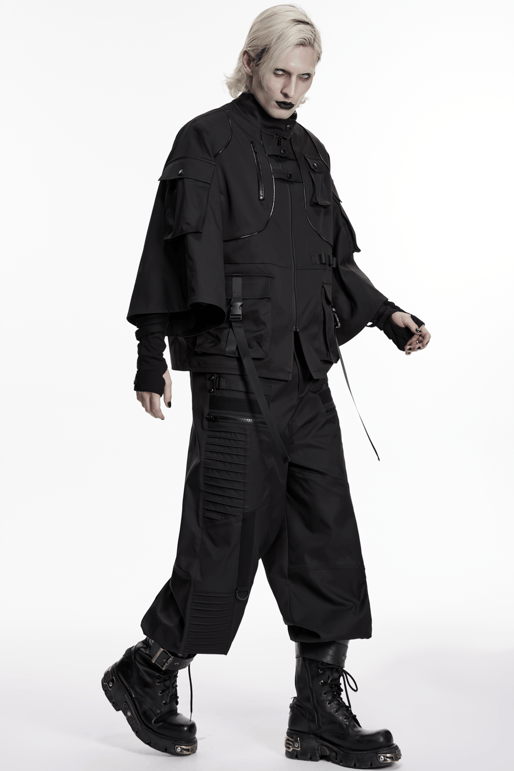 Punk Black Techwear Utility Jacket with Straps