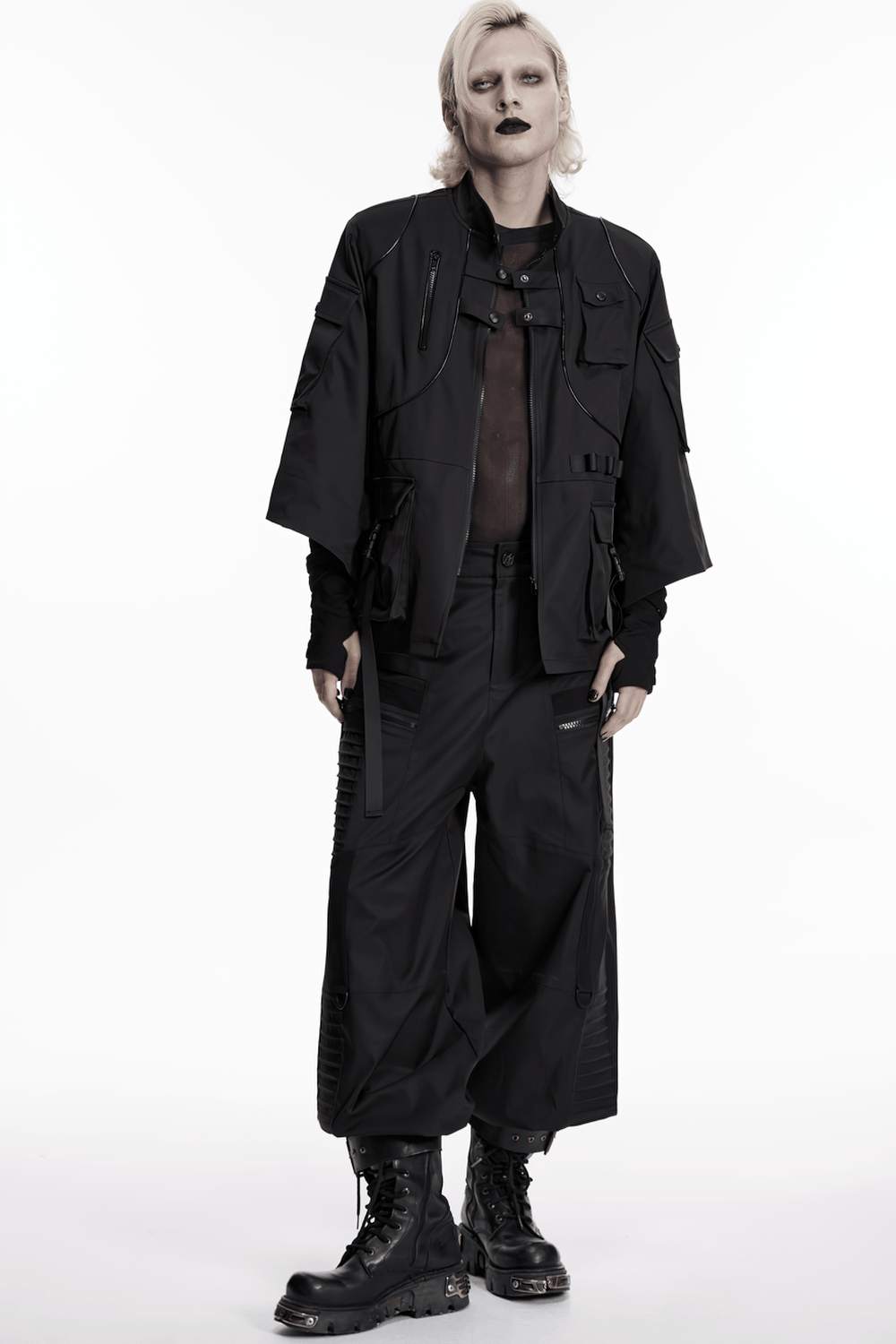 Punk Black Techwear Utility Jacket with Straps