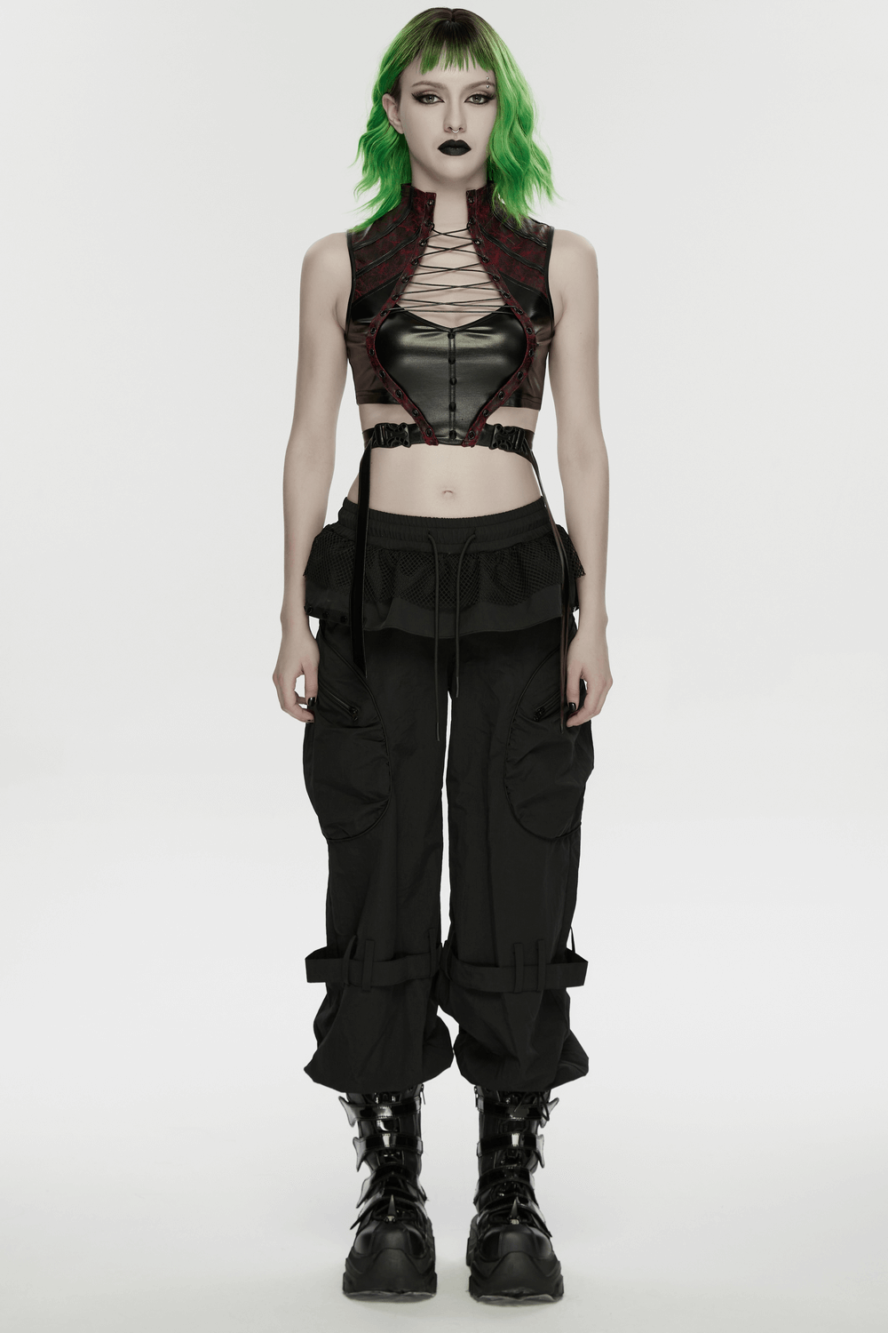 Punk Cargo Cuffed Pants with Mesh Waist Details