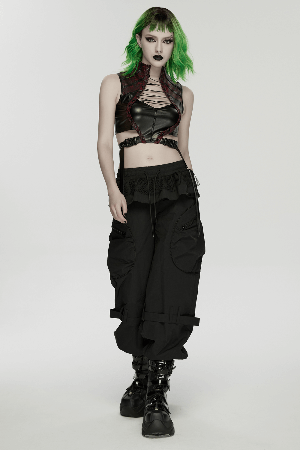 Punk Cargo Cuffed Pants with Mesh Waist Details