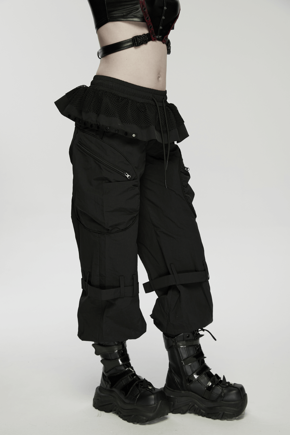 Punk Cargo Cuffed Pants with Mesh Waist Details