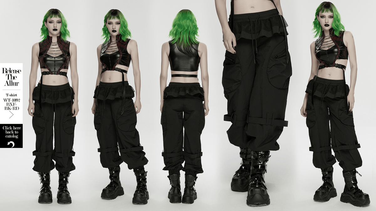 Punk Cargo Cuffed Pants with Mesh Waist Details