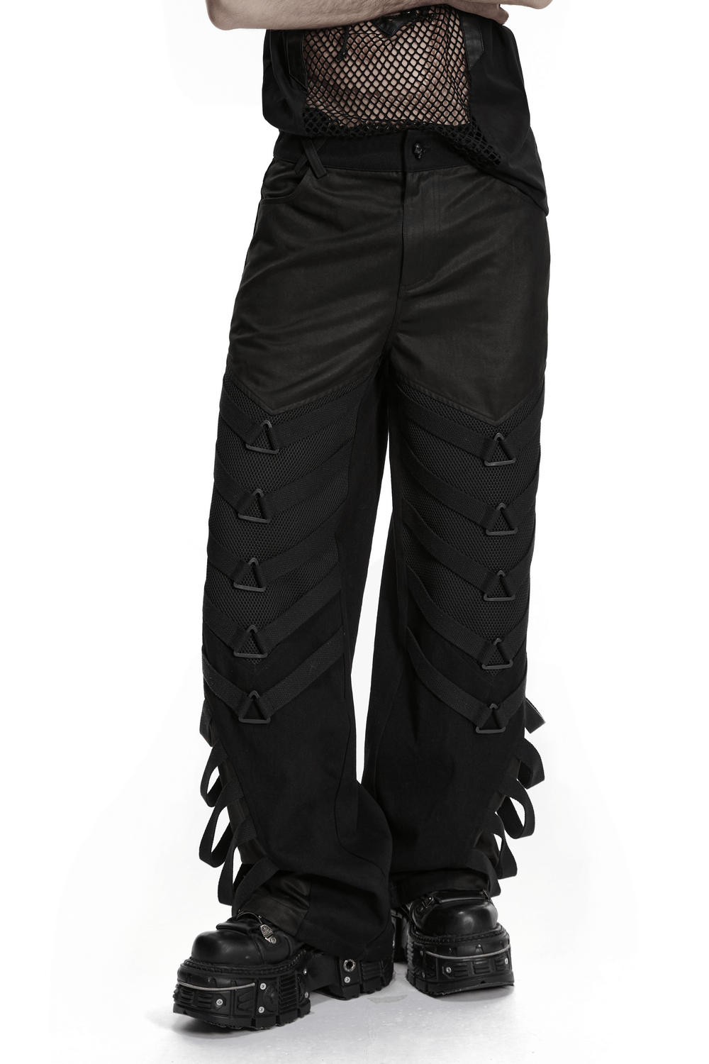 Punk Dark Wide Leg Pants with Utility Webbing for Men