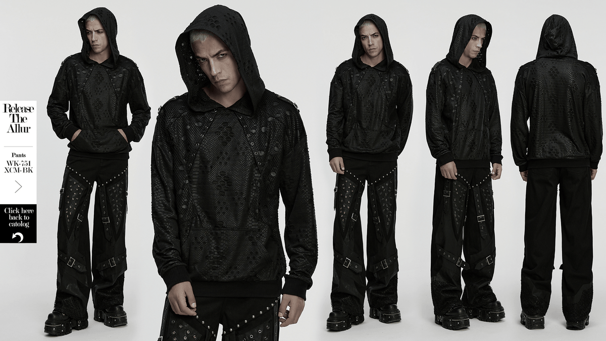 Punk Decadent Tattered Mesh Hoodie with Shoulder Buckles