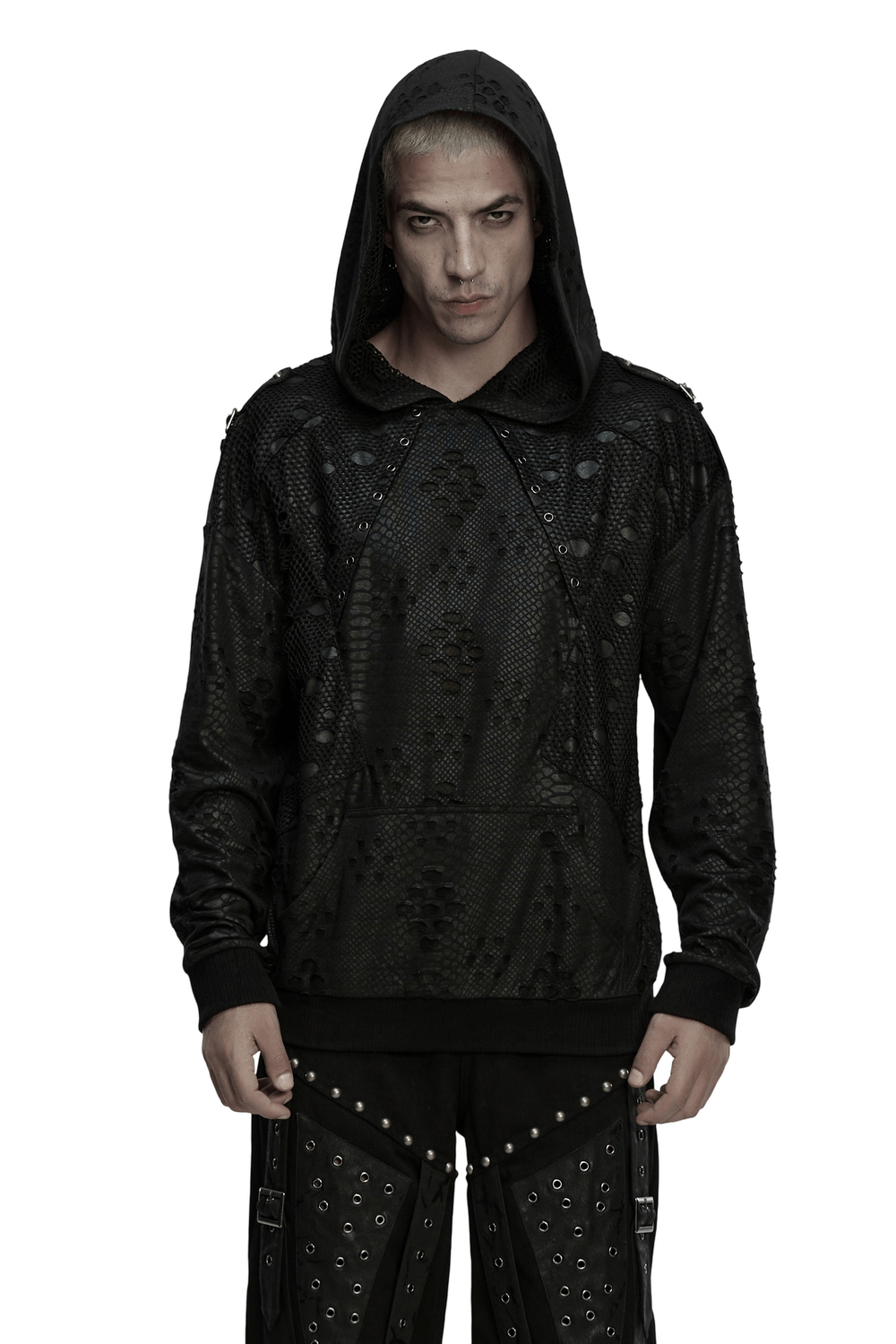 Punk Decadent Tattered Mesh Hoodie with Shoulder Buckles