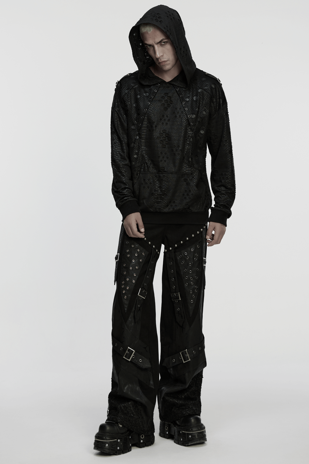 Punk Decadent Tattered Mesh Hoodie with Shoulder Buckles