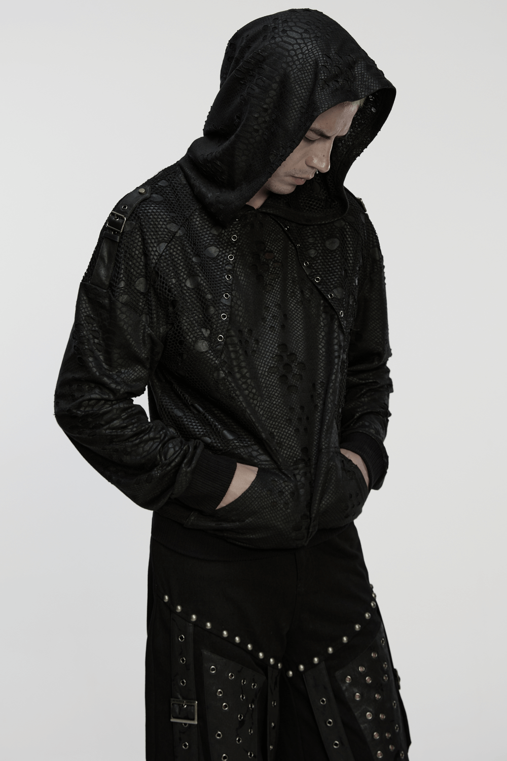 Punk Decadent Tattered Mesh Hoodie with Shoulder Buckles