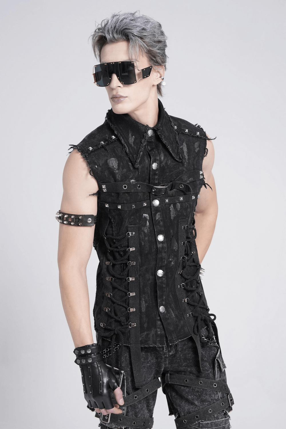 Punk Denim Shirt with Lace-Up Sides and Studded Detail