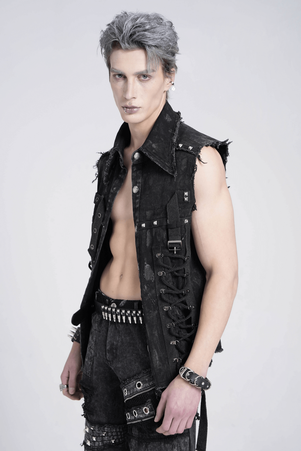 Punk Denim Shirt with Lace-Up Sides and Studded Detail