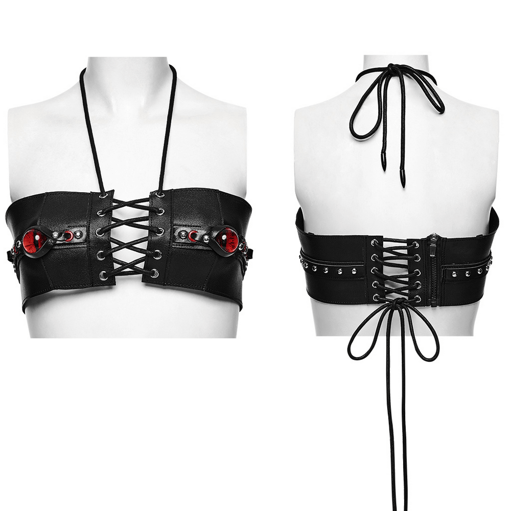 Punk Devil Eye Lace Up Faux Leather Bra Crop Top